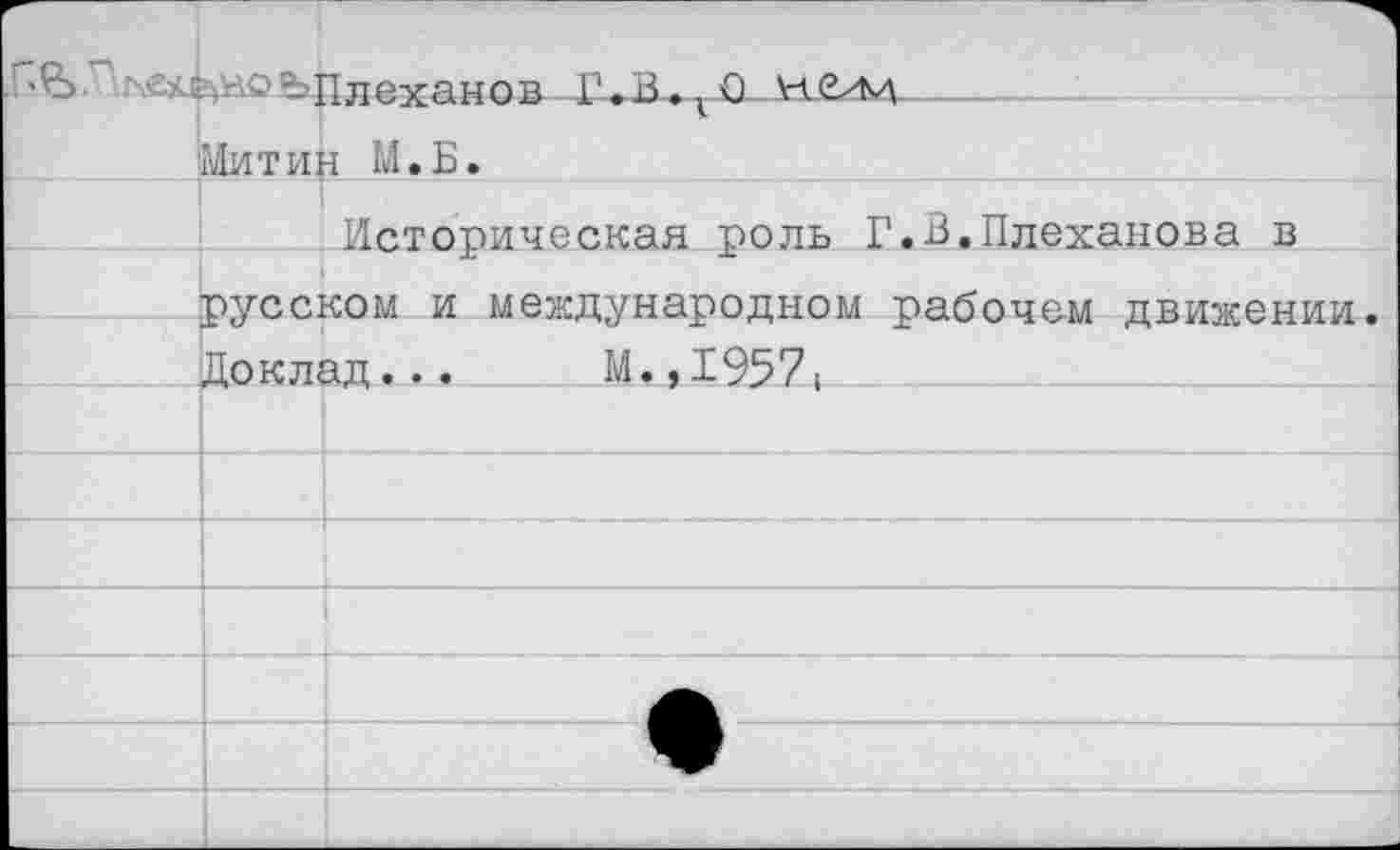 ﻿
Митий М.Б.
Историческая роль Г.В.Плеханова в русском и международном рабочем движении Доклад..М., 19571